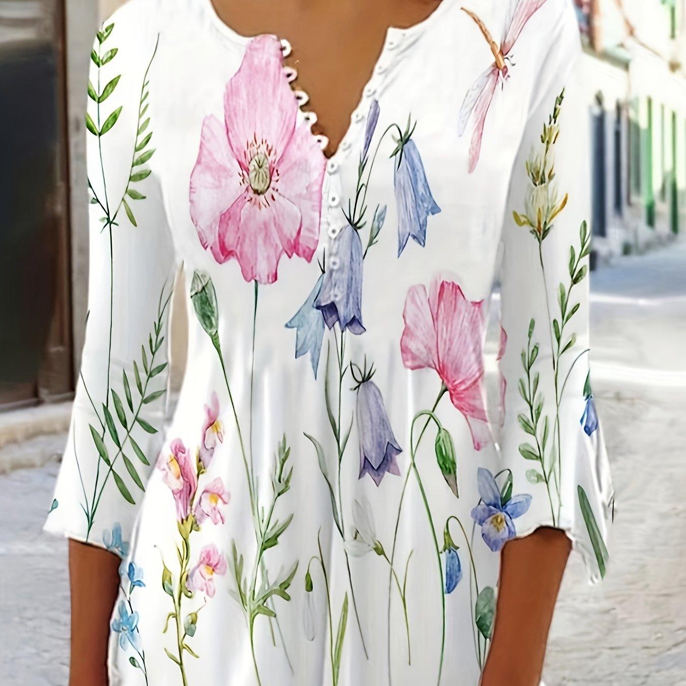 Chic Floral Print Blouse for Spring/Fall - Ruffle Sleeves, Button Detail, Comfort Stretch Fit