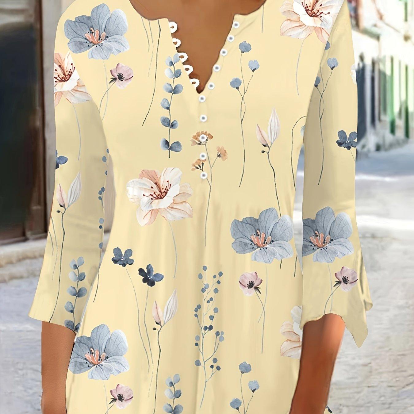 Chic Floral Print Blouse for Spring/Fall - Ruffle Sleeves, Button Detail, Comfort Stretch Fit