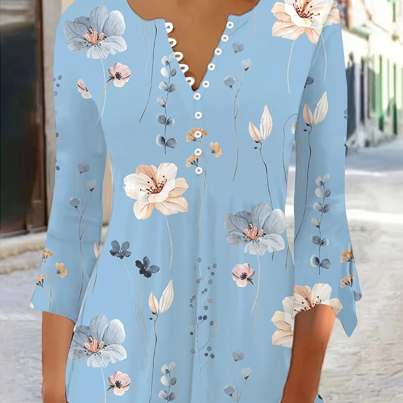 Chic Floral Print Blouse for Spring/Fall - Ruffle Sleeves, Button Detail, Comfort Stretch Fit