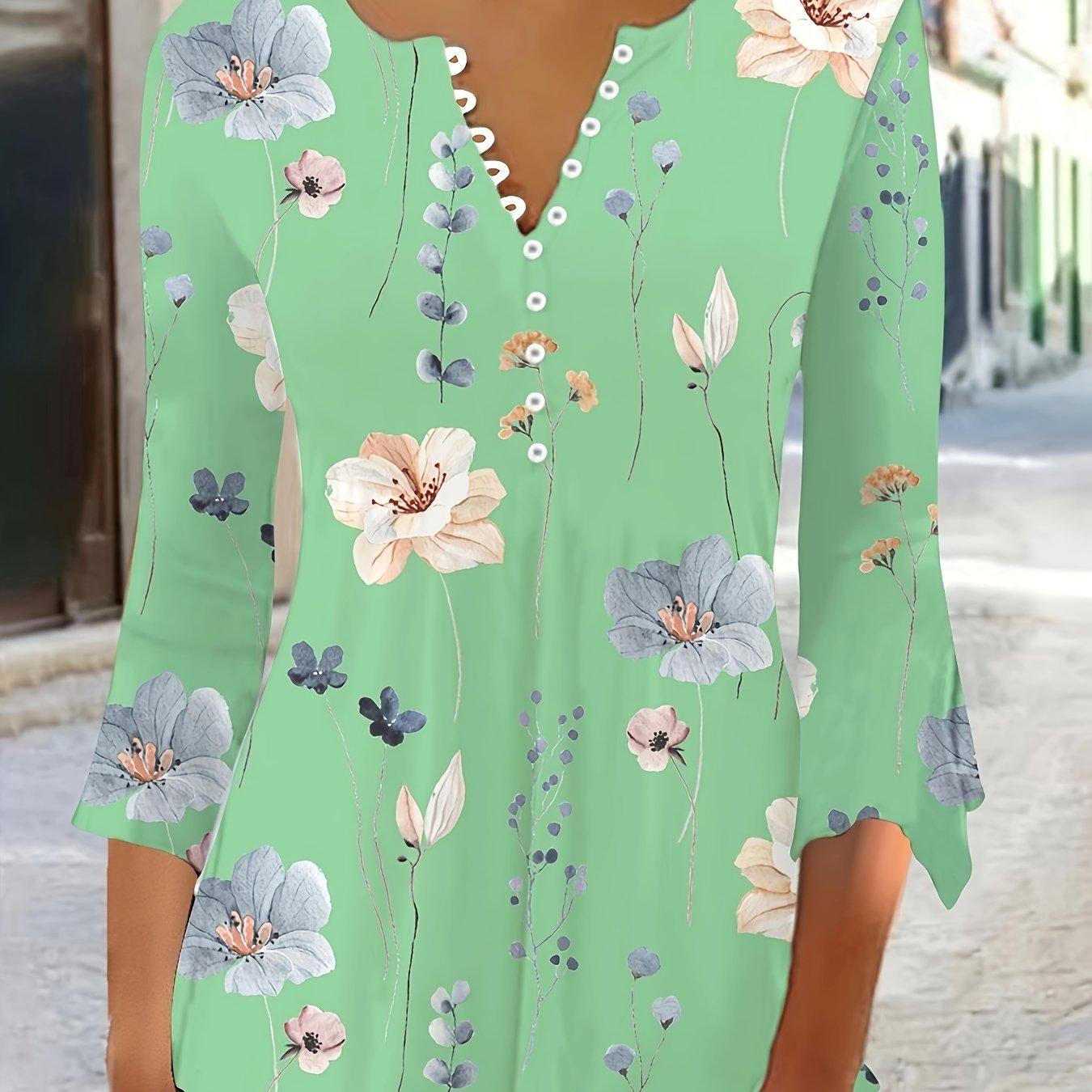 Chic Floral Print Blouse for Spring/Fall - Ruffle Sleeves, Button Detail, Comfort Stretch Fit