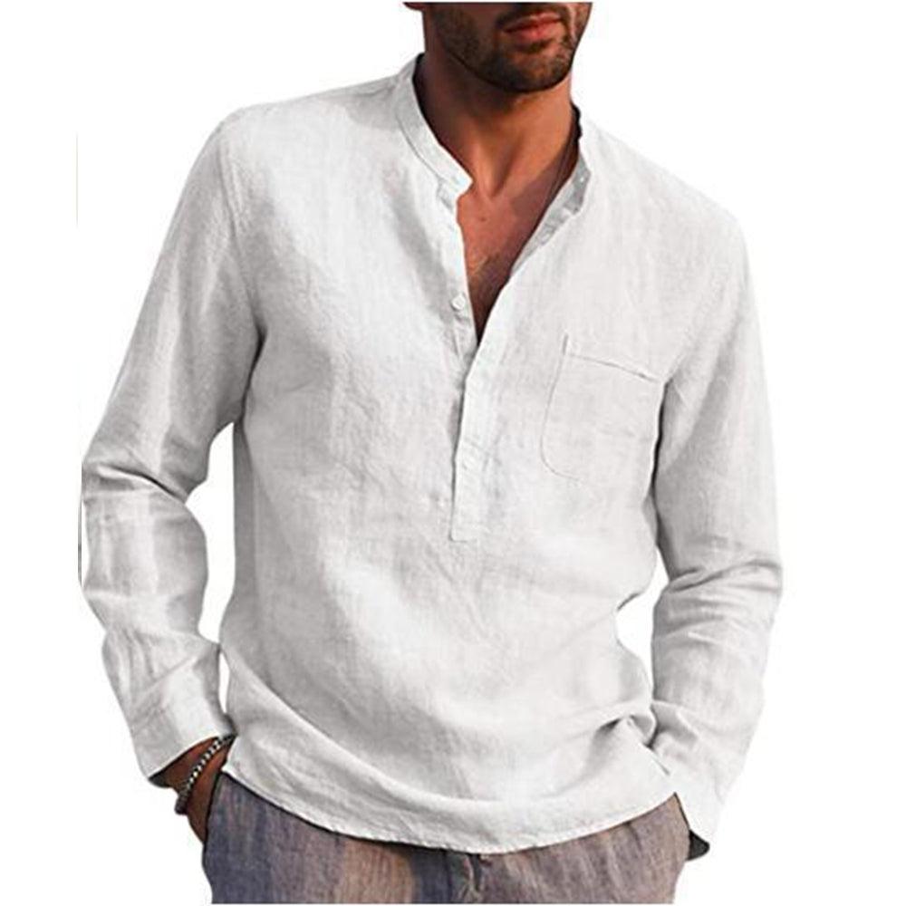 Long Sleeve Henley Pure Cotton Linen Shirts - Casual Summer Beach Style - Smart Shoppers Deal