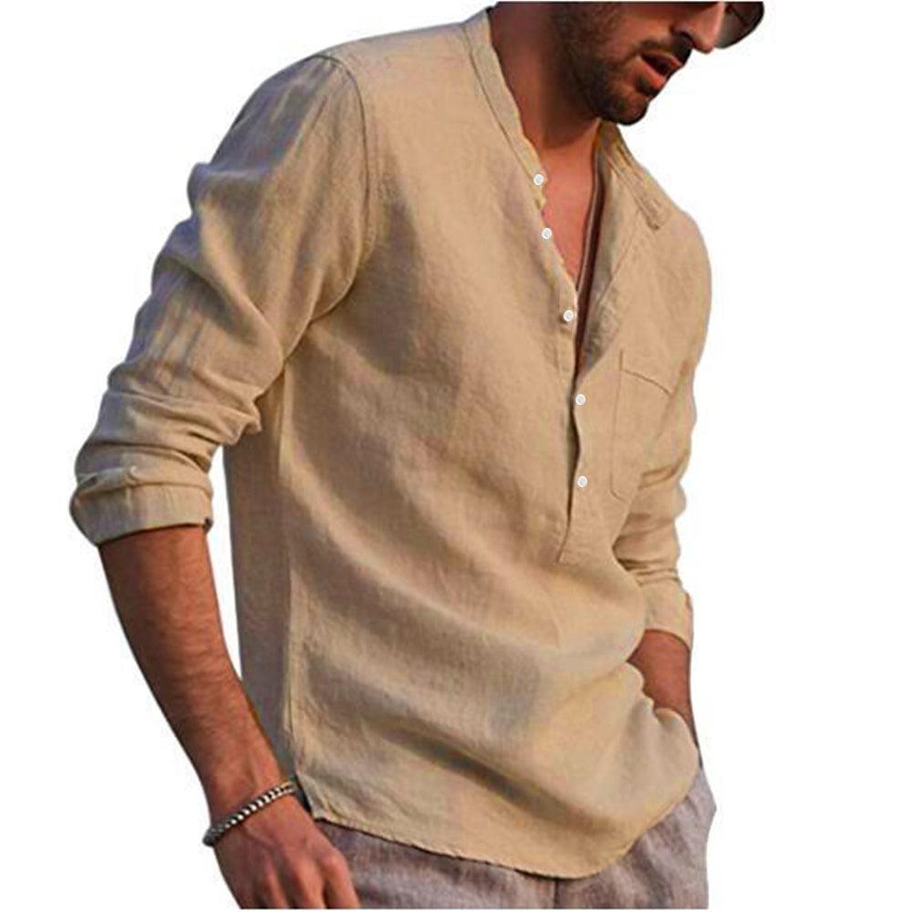 Long Sleeve Henley Pure Cotton Linen Shirts - Casual Summer Beach Style - Smart Shoppers Deal