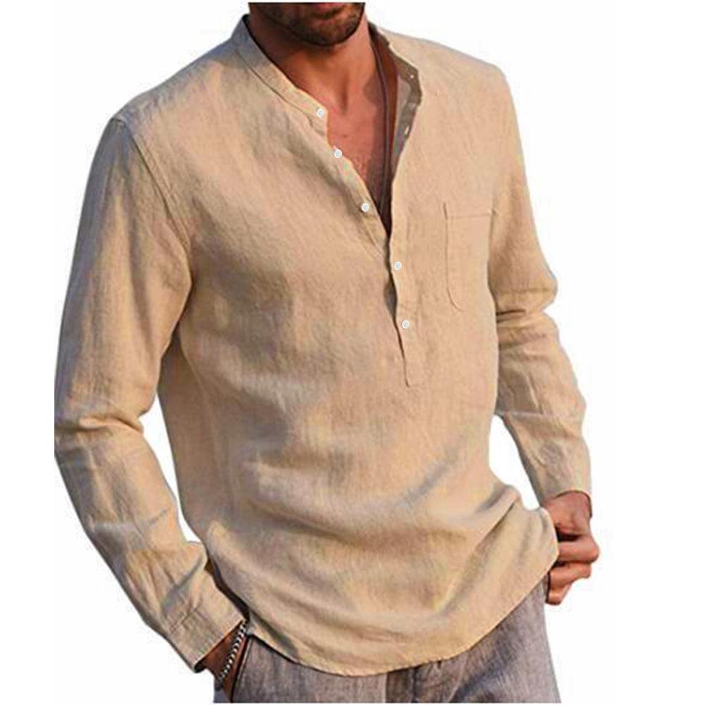 Long Sleeve Henley Pure Cotton Linen Shirts - Casual Summer Beach Style - Smart Shoppers Deal