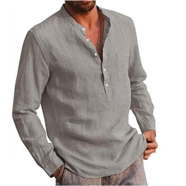 Long Sleeve Henley Pure Cotton Linen Shirts - Casual Summer Beach Style - Smart Shoppers Deal