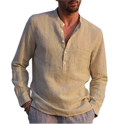 Long Sleeve Henley Pure Cotton Linen Shirts - Casual Summer Beach Style - Smart Shoppers Deal