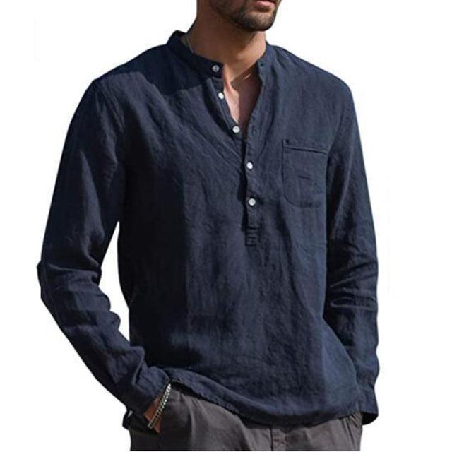 Long Sleeve Henley Pure Cotton Linen Shirts - Casual Summer Beach Style - Smart Shoppers Deal